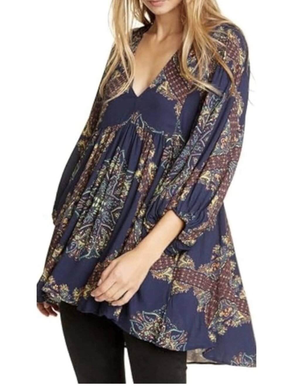 Free People Girl Talk Paisley Hi Low Boho Tunic Top Size XS Oversized. Ee